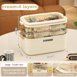 Open multi-compartment storage box showing 4 layers filled with medicines and first aid supplies