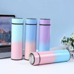 "Gradient pink and blue stainless steel smart thermos bottles with digital LED temperature display – 500ml hot and cold vacuum flasks"