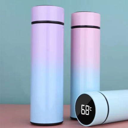 "Gradient pink and blue stainless steel smart thermos bottles with digital LED temperature display – 500ml hot and cold vacuum flasks"