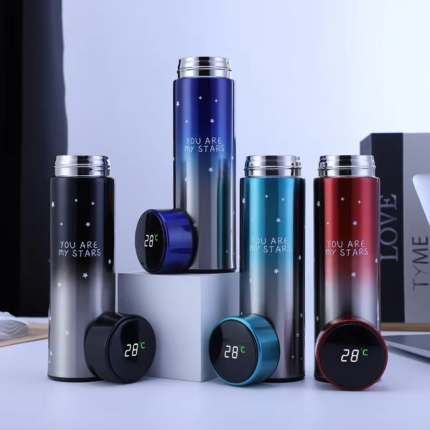 Gradient stainless steel LED smart thermos bottles with digital temperature display and 'You Are My Stars' print