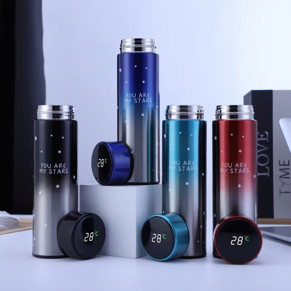 Gradient stainless steel LED smart thermos bottles with digital temperature display and 'You Are My Stars' print