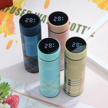 Four stylish smart LED thermos bottles in plaid designs with digital temperature displays showing 28°C, labeled GRACE, LIVELY, SWEET, and CHAR