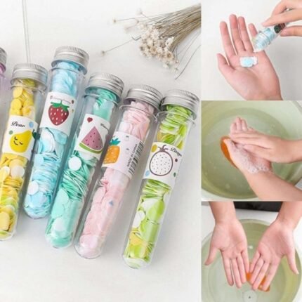 Colorful fruity-scented paper soap strips in transparent test tube bottles with images showing handwashing steps using dissolvable soap sheets.