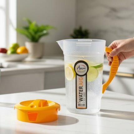 Primary Alt Text: Aroni Household 1.7L Water Jug Pitcher with colorful lids for kitchen service.