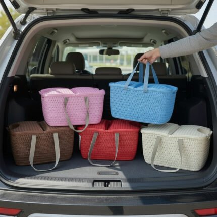 Family picnic using various colored Universal Carry Basket organizers in an outdoor setting.