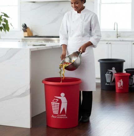 Aroni Household Round Plastic Dustbin set in black and red colors showing different sizes for home and office.