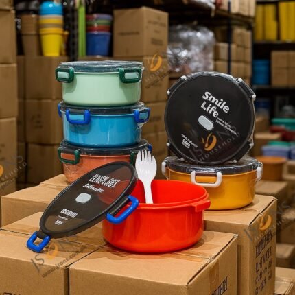 Smile Life round lunch box – airtight leak-proof portable food container with lid and cutlery for office, school, and travel