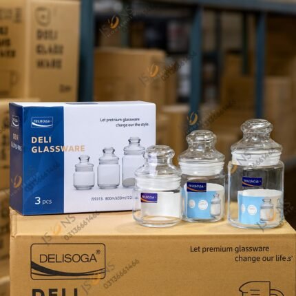 "Delisoga 3-piece airtight glass jar set – premium transparent glass kitchen storage containers for tea, coffee, sugar, spices, and snacks"