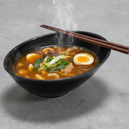Black melamine soup bowl filled with hot ramen, boiled egg, meat, and vegetables, with chopsticks resting on top — durable, heat-resistant, and elegant serving bowl ideal for restaurants and homes
