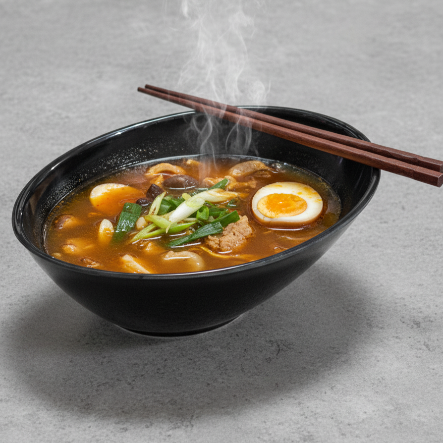 Black melamine soup bowl filled with hot ramen, boiled egg, meat, and vegetables, with chopsticks resting on top — durable, heat-resistant, and elegant serving bowl ideal for restaurants and homes