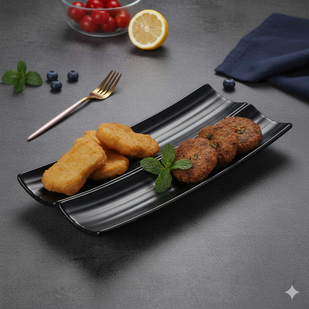 Gemini_Generated_Image_r05ehhr05ehhr05e Black wavy rectangular ceramic serving platter displaying desserts on a wooden table – premium plate for snacks, appetizers, and hi-tea presentation.