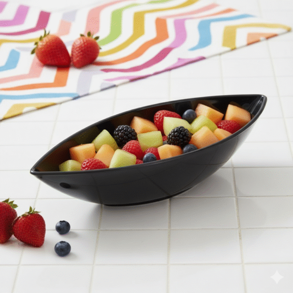 Black melamine serving tray filled with colorful fruit cubes including melon, strawberries, blackberries, and blueberries — elegant, durable, and heat-resistant serving tray perfect for restaurants, cafes, and homes in Pakistan.