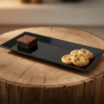 Long black melamine serving platter for kebabs and desserts