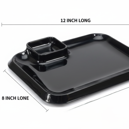 Black rectangular serving platter 12x8 inch with built-in dip holder and fish sticks