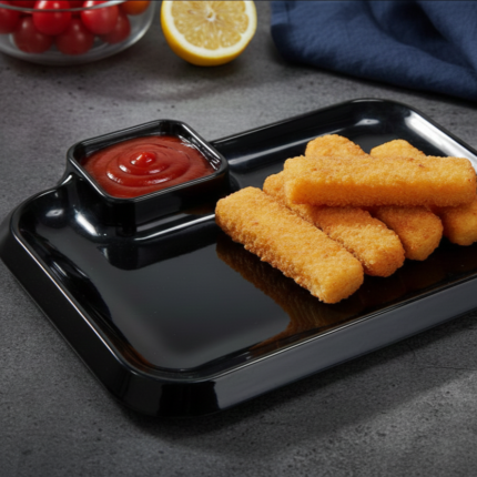 Black rectangular serving platter 12x8 inch with built-in dip holder and fish sticks