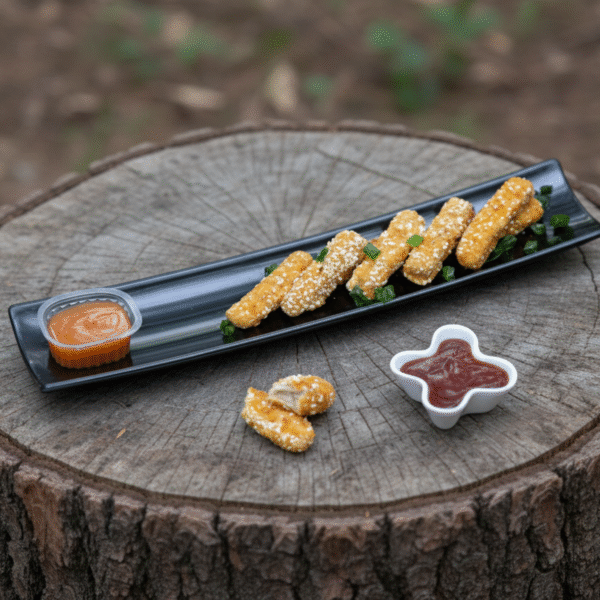 Black rectangular serving dish on wooden table – modern long platter for snacks, sushi, and appetizers, perfect for kitchen and restaurant use.