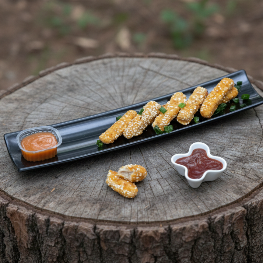 Gemini_Generated_Image_m2spv7m2spv7m2sp Black rectangular serving dish on wooden table – modern long platter for snacks, sushi, and appetizers, perfect for kitchen and restaurant use.