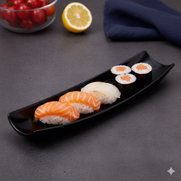 Unique black boat serving platter for Japanese food and appetizers
