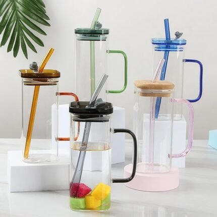 400ml square glass juice cup with colored handles and straws, durable household kitchen accessories available for wholesale rate in Pakistan.