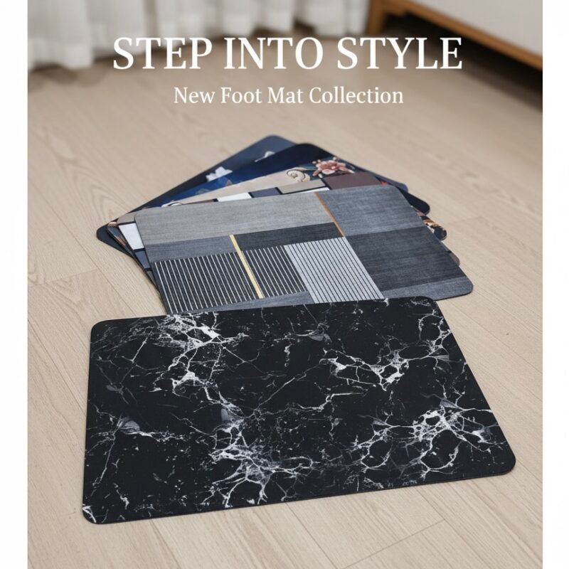 Stylish anti-slip PVC foot mat black marble design geometric patterns waterproof kitchen door mat