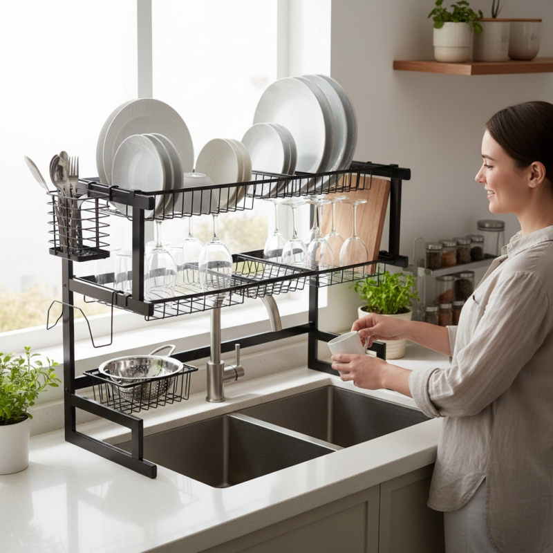 Black 2-layer kitchen sink rack and plate rack organizer, best sink dish drainer household item available in Pakistan.