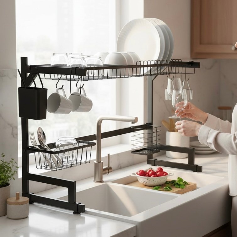 Black 1-layer kitchen sink rack, 33-inch long plate rack dish drainer for spacious sink organization in Pakistan.