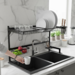 Black 1-layer kitchen sink rack, 33-inch long plate rack dish drainer for spacious sink organization in Pakistan.