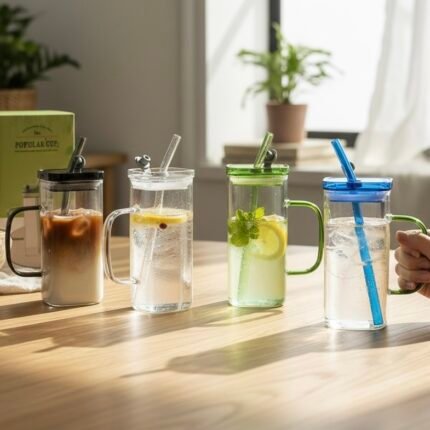 400ml square glass juice cup with colored handles and straws, durable household kitchen accessories available for wholesale rate in Pakistan.