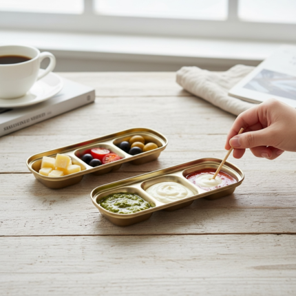 Stainless steel gold plated 3 section serving tray for appetizers olives cheese and sauce