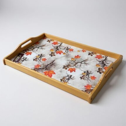 Large 21.5x14 Inch Wooden Serving Tray with Autumn Leaf Print | Best Tea and Breakfast Platter for Kitchen Accessories and Household Items in Pakistan.
