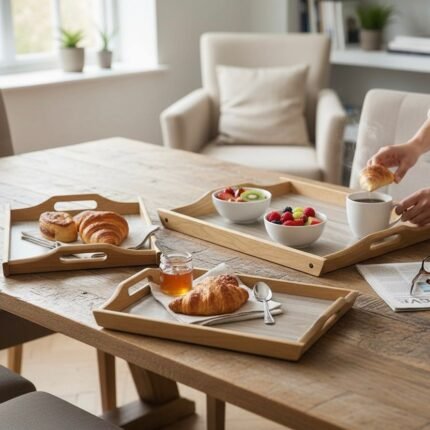 Set of 3 nesting serving trays large medium small dimensions with handles wooden texture and flower print durable plastic kitchen accessories wholesale price Pakistan.