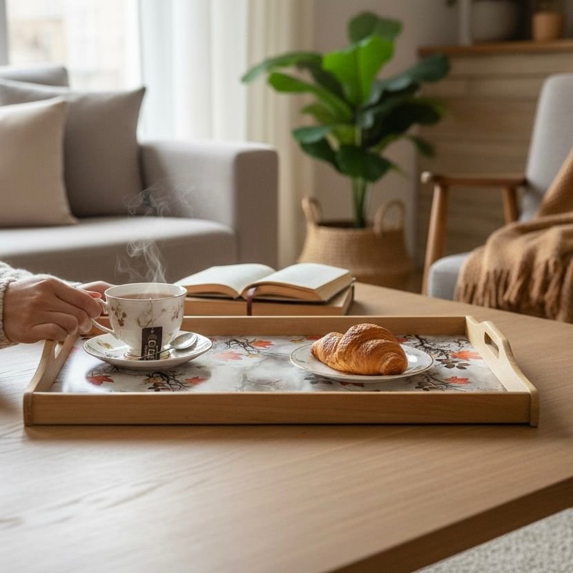 best-wooden-serving-tray-pakistan-large-21-5-inch-bamboo-platter-household-items.jpg Large 21.5x14 Inch Wooden Serving Tray with Autumn Leaf Print | Best Tea and Breakfast Platter for Kitchen Accessories and Household Items in Pakistan.