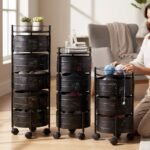 Black 3/4/5 Layer 360 Rotating Round and Sliding Square Kitchen Storage Rack Trolley Organizer with Wheels for Vegetable and Fruit in Pakistan