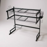 Black 2-layer kitchen sink rack and plate rack organizer, best sink dish drainer household item available in Pakistan.