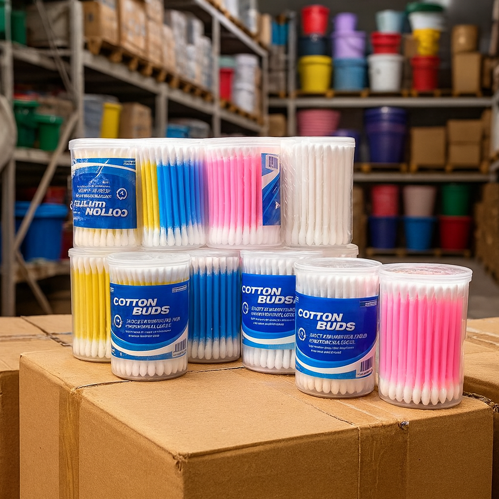 plastic-cotton-buds-100-sticks-white Plastic Cotton Buds 100 Sticks in round storage tub