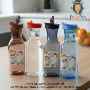 Astra 1.1 litre square plastic fridge bottle with secure lock lid available in smoke black champagne brown blue and transparent white colors in Pakistan