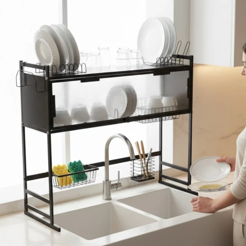 Over sink dish rack with sliding cover