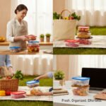 Galaxy Pure Plastic Food Container with red and blue lids for fridge organization.