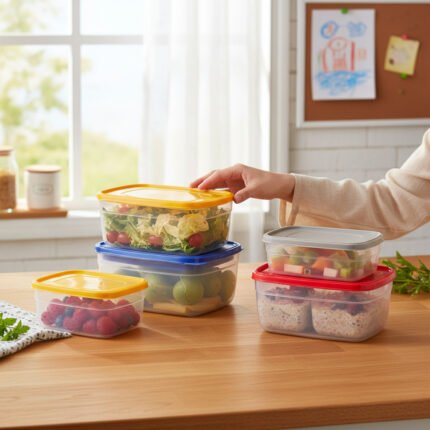 Galaxy Pure Plastic Food Container with red and blue lids for fridge organization.