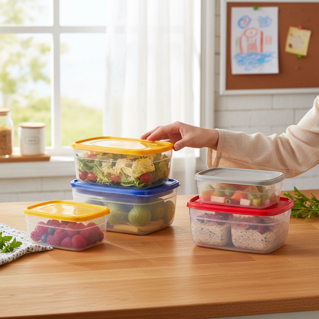 galaxy-pure-plastic-food-container-blue-red-yellow-lids.jpg Galaxy Pure Plastic Food Container with red and blue lids for fridge organization.