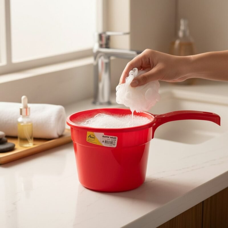 Aroni Household Plastic Bath Mug in multiple colors stacked for storage.