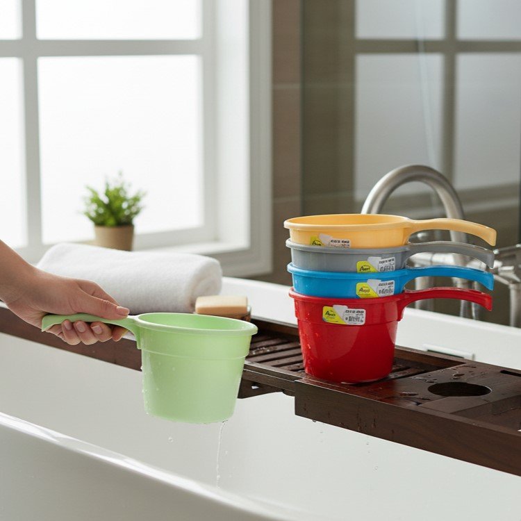 Aroni Household Plastic Bath Mug in multiple colors stacked for storage.