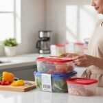 Galaxy Pure Plastic Food Container with red and blue lids for fridge organization.