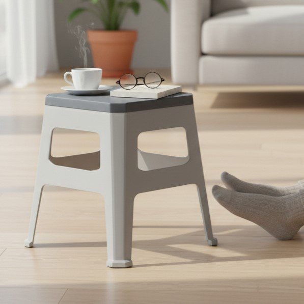 Aroni brand colorful plastic stools available in black, gray, and white