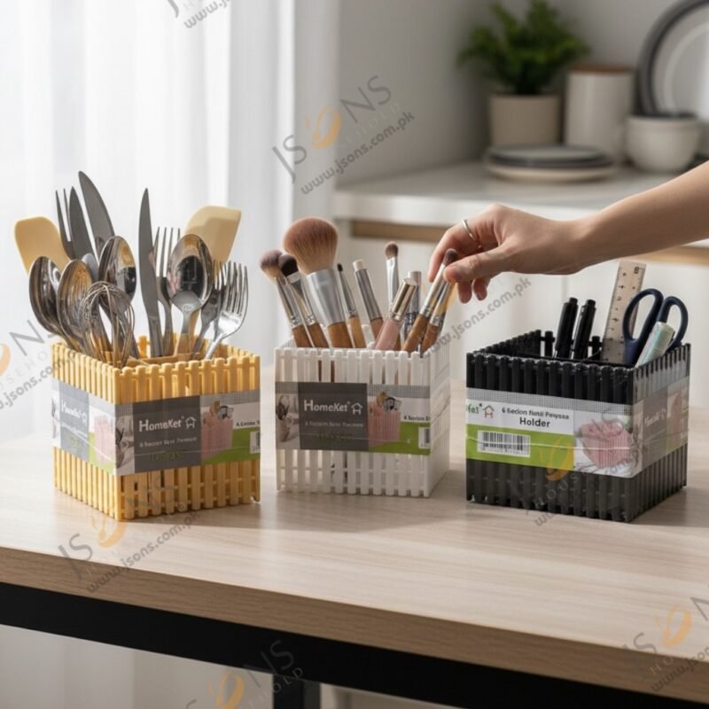 Plastic spoon holder and makeup brush organizer with 6 sections for kitchen and dressing table use