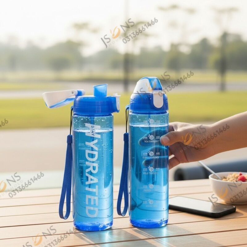 Blue water bottle with strap for daily hydration