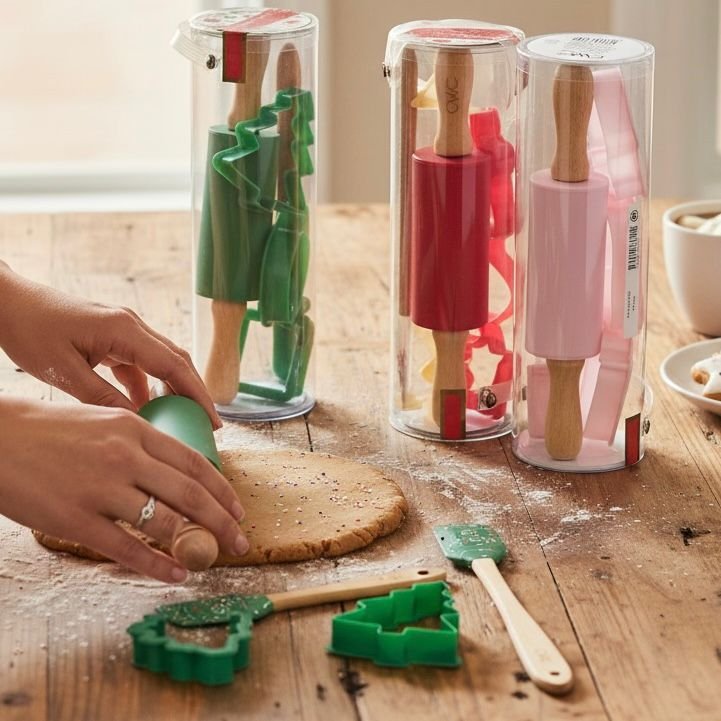 cookie-baking-set-pakistan-rolling-pin-cutters-green-red-pink Cookie baking set Pakistan with wooden rolling pin cookie cutters and spatula in green red and pink