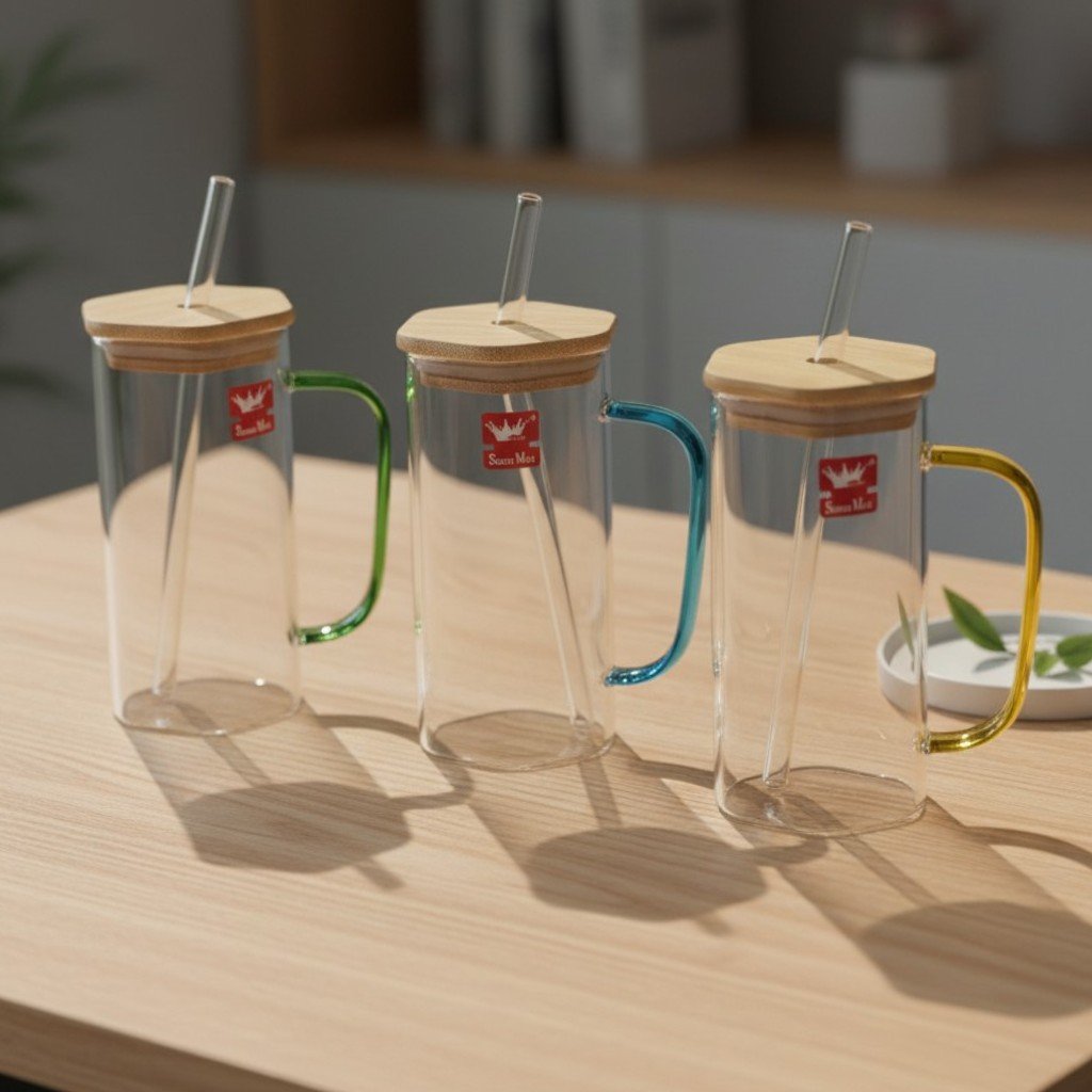 square-mart-glass-mug-bamboo-lid-straw-pakistan.jpg Square Mart clear glass mug with bamboo lid and glass straw, shown in green, blue, and yellow handle variants on a wooden table