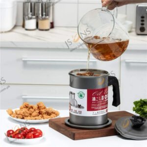 Stainless steel oil filter pot with mesh strainer lid and dust proof cover for used cooking oil storage in kitchen