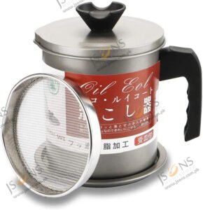 Stainless steel oil filter pot with mesh strainer lid and dust proof cover for used cooking oil storage in kitchen